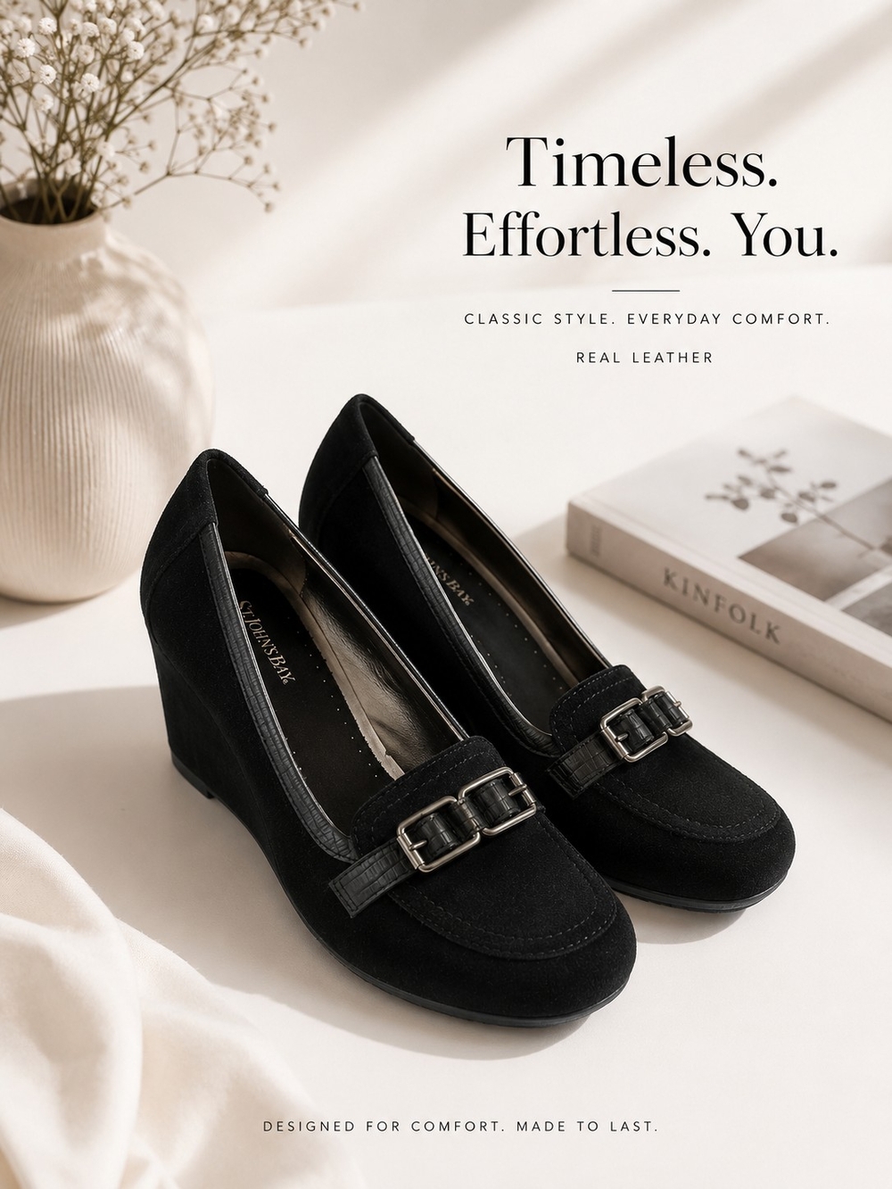 St. John's Bay Women's Size 11 Black Leather Wedge Heels Loafer Pumps Buckle